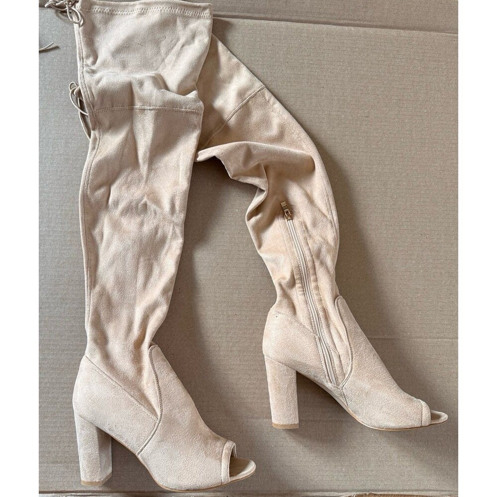 beige thigh high peep toe chunky heeled boot extra stretchy size 9